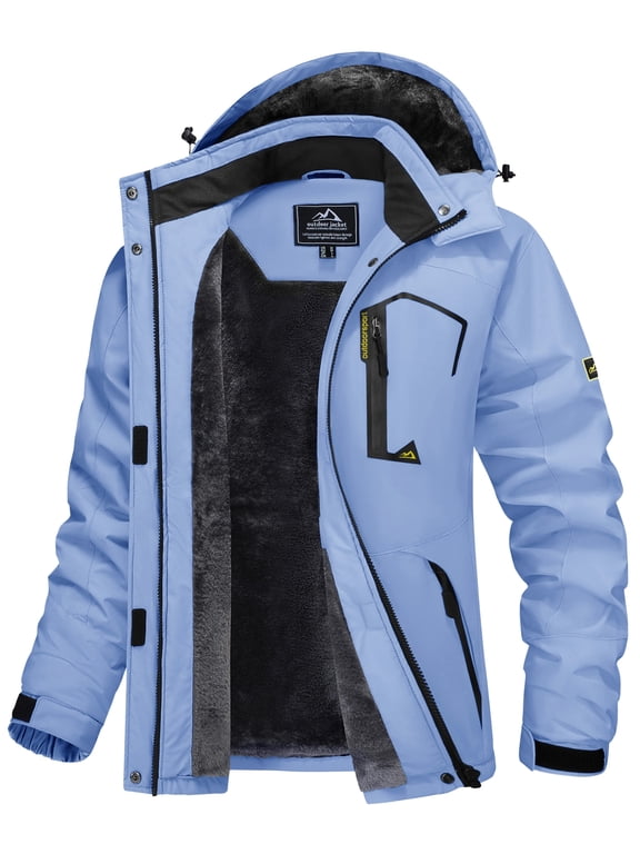 Women's Winter Waterproof Windproof Snow Ski Jackets Warm Thermal Fleece Thick Hooded Coat with Multi-Pockets for Outdoor Hiking Snowboarding Light Blue XL