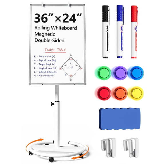 TACWILY 36x24 inch Rolling Whiteboard, Height Adjustable Magnetic Dry Erase Board with Circular Stand on Wheels