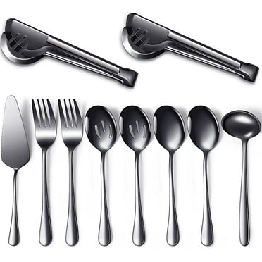 ‎TACYKIBD 10-Piece Dishwasher Safe Silver Serving Utensil Set - Includes Spoons, Forks, Tongs, Ladle, and Pie Server
