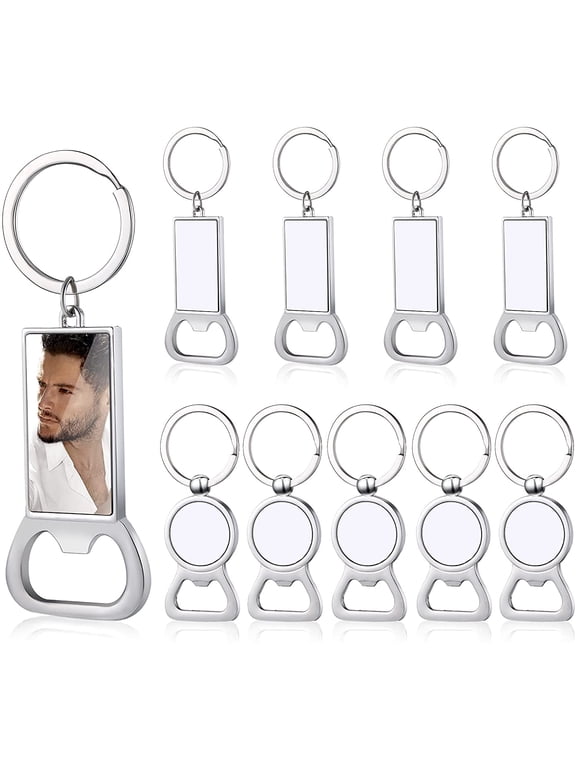 10 Pieces Sublimation Blank Keychains Sublimation Metal Blank Bottle Opener Keychains Aluminum Heat Transfer Sublimation Key Rings Customized Sublimation Photos (Round, Rectangle)