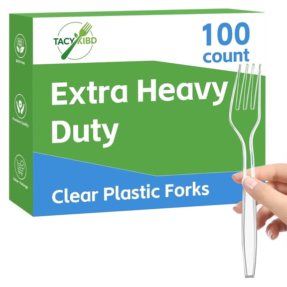 TACYKIBD 100 Count Extra Heavy Duty Clear Plastic Forks Disposable, BPA-Free, Heat Resistant, Solid and Durable Disposable Forks Bulk, Premium Plastic Forks heavy duty for Party Supply