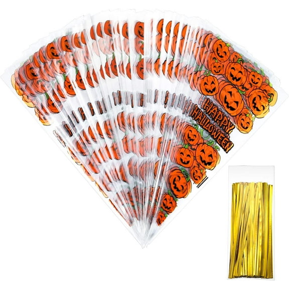 TACYKIBD 100 Pcs Halloween Candy Bags Pumpkin Patterned Cone Treat Bags Triangle Cellophane Pouch with 100 Pieces Gold Twist Ties for Popcorn Goodie Cookie Halloween Party Favor
