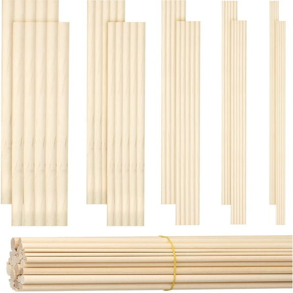 TACYKIBD 100 Pcs Wood Dowels Assorted Sizes Dowel Rods for Crafting Wood Sticks 1/8, 3/16, 1/4, 5/16, 3/8 x 6 Inch Unfinished Dowel Round Hardwood Sticks for DIY Halloween Wedding Ribbon, 5 Size