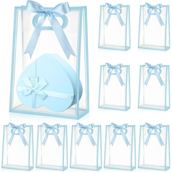 TACYKIBD 12 Pcs Clear Plastic Gift Bag with Die Cut Handles Reusable PP Favor Bag with Ribbon for Wedding Bridal Birthday Party Goodies Baby Shower Shopping Business, 7x10x3.15 Inch(Blue)