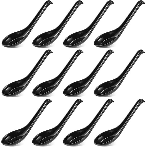 TACYKIBD 12 Pieces Asian Soup Spoons Melamine Rice Spoons Noodle Soup Spoons Chinese Won Ton Soup Spoon Japanese Soup Spoon for Home and Kitchen(Black)