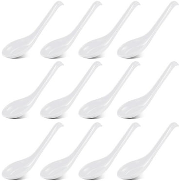 TACYKIBD 12 Pieces Asian Soup Spoons Melamine Rice Spoons Noodle Soup Spoons Chinese Won Ton Soup Spoon Japanese Soup Spoon for Home and Kitchen (White)