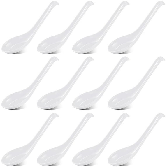 TACYKIBD 12 Pieces Asian Soup Spoons Melamine Rice Spoons Noodle Soup Spoons Chinese Won Ton Soup Spoon Japanese Soup Spoon for Home and Kitchen (White)