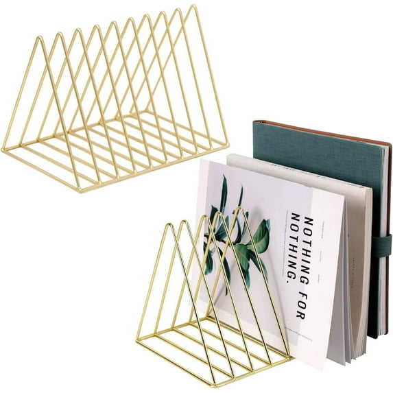 TACYKIBD 2 Pcs Magazine Holder,Newspapers Holder,Letters Storage,Desktop File Sorter Organizer Triangle Bookshelf Decor Home Office,Gold