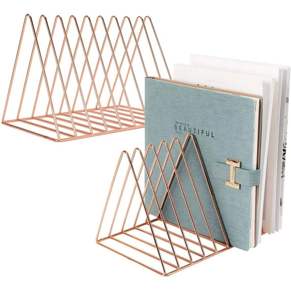TACYKIBD 2 Pcs Magazine Holder,Newspapers Holder,Letters Storage,Desktop File Sorter Organizer Triangle Bookshelf Decor Home Office,Rose Gold