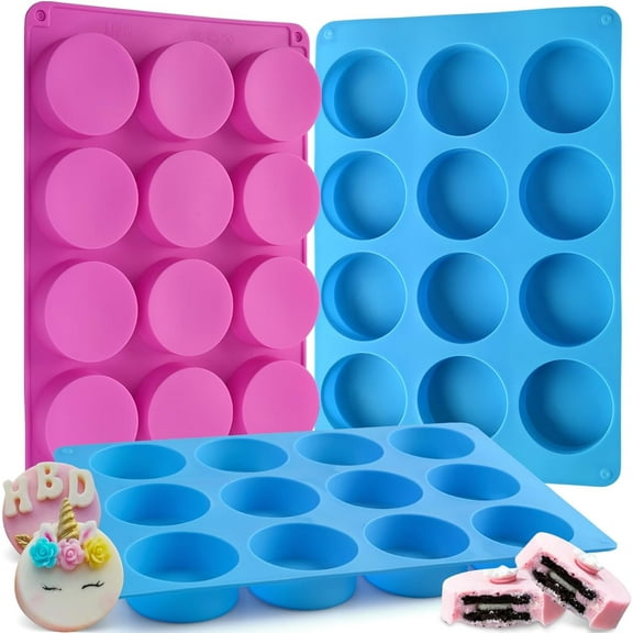 TACYKIBD 3 PCS Oreo Molds Silicone Chocolate Covered Cookie Molds 12-Cavity Round Silicone Baking Molds for Cake, Candy, Pudding, Mini Soap (2 Blue + 1 Rose Red)