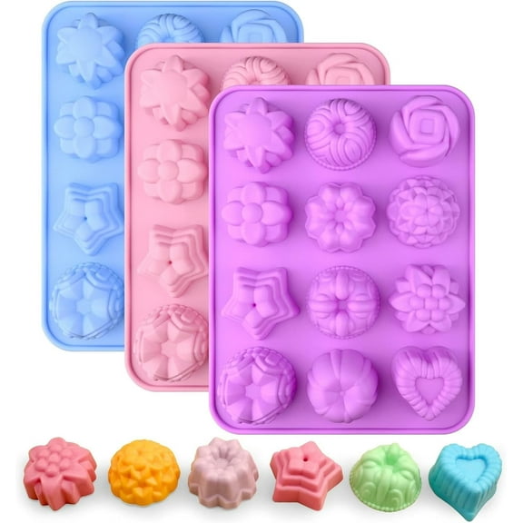TACYKIBD 3 Pack Chocolate Flowers Silicone Molds 12 Cavity Flowers Heart Shape Candy Cake Molds for Baking, Cupcake, Jelly, Ice Cube, Muffin