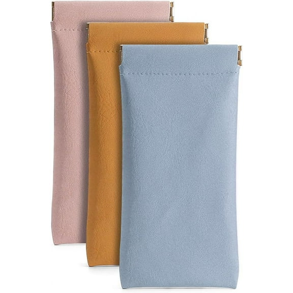 TACYKIBD 3 Pack Leather Eyeglasses Cases PU Soft Sunglasses Pouch Squeeze Top Portable Glasses Cases for Men Women (Pink Yellow Blue)