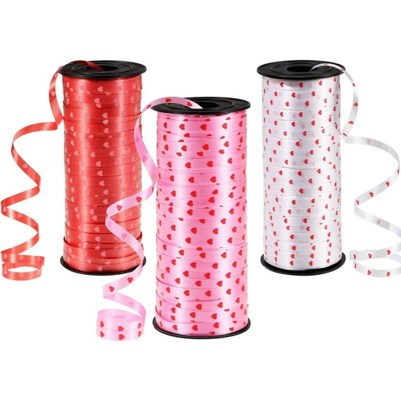 TACYKIBD 3 Rolls Valentine Ribbons Heart Curling Ribbon for Decoration and Gift Wrapping, 100 Yards of Each Roll (Red, White and Pink Heart)