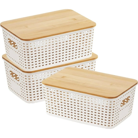 TACYKIBD 3-piece bamboo covered handle storage box 5l plastic bathroom storage basket white storage box kitchen bathroom bedroom balcony 25x18x10cm