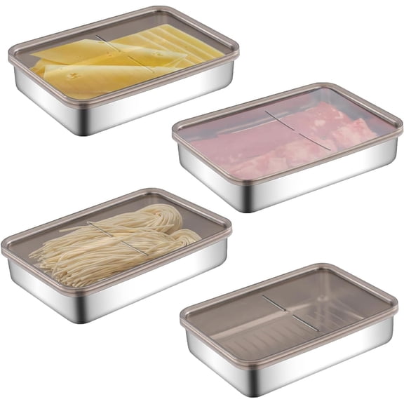 TACYKIBD 4 Piece Stainless Steel Slice Boxes For Refrigerator Sausage Storage Storage Boxes With Lid Airtight Slice Box For Storage Cheese Meat Sausage Fruit
