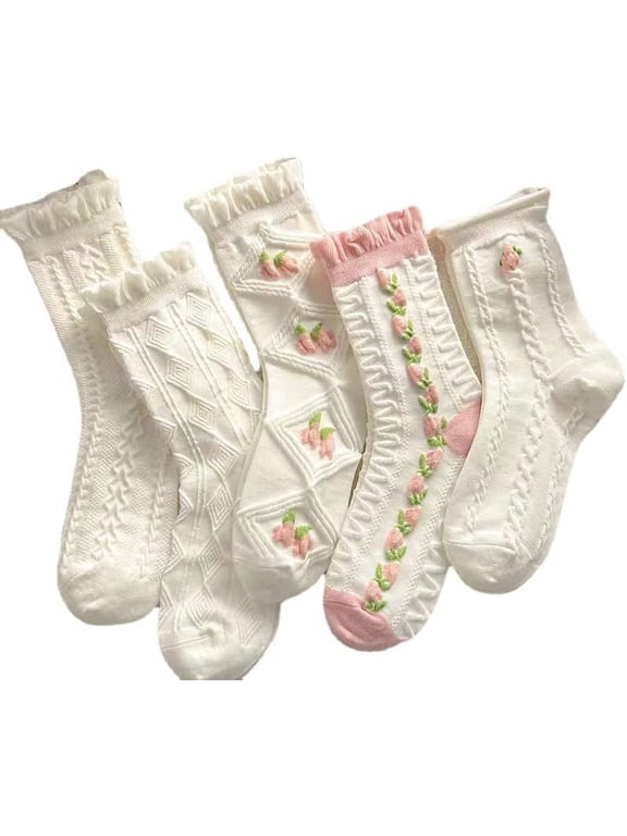 5 Pairs White Cute Socks, Women's Lace Ruffles Ankle Casual Sock, Cottagecore Breathable Mid Tube Socks, Floral Crew Socks