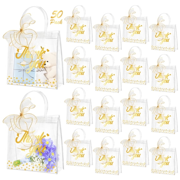 TACYKIBD 50 Pack Clear Plastic Gift Bags with Gold Sheer Bows - Transparent Party Favor Bags for Bridal Shower, Wedding Flower Bouquets, Birthday Guest Favors, Candy Goodie Bags