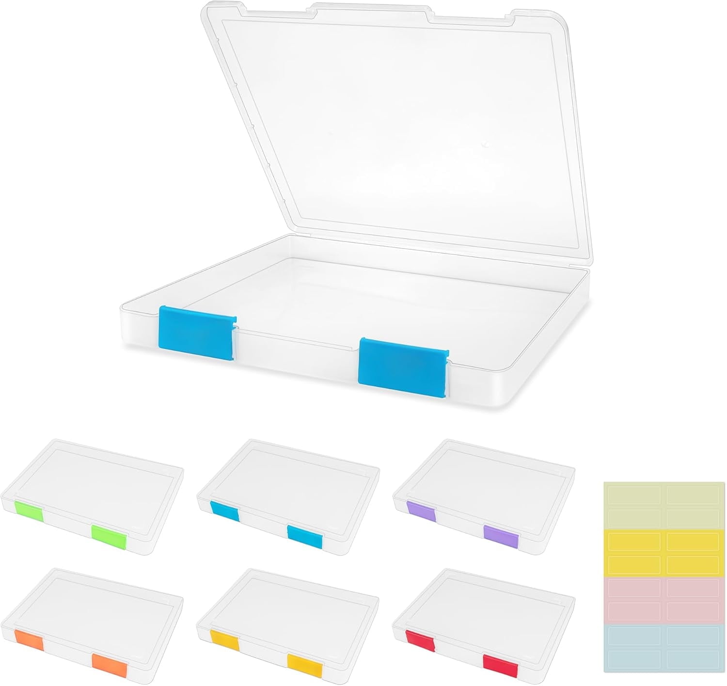 TACYKIBD 6 Pcs A4 File Box Clear Plastic File Storage Box Paper Plastic Organizer Board Game Storage Scrapbook Paper Storage File Holder with Buckle and Sticker Labels, Colorful