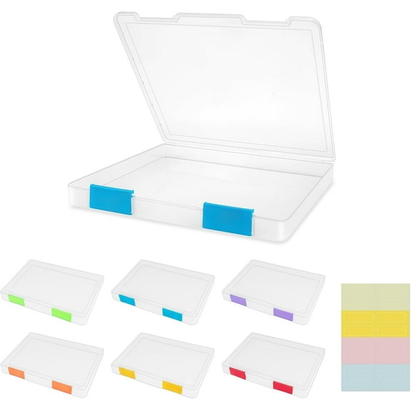 TACYKIBD 6 Pcs A4 File Box Clear Plastic File Storage Box Paper Plastic Organizer Board Game Storage Scrapbook Paper Storage File Holder with Buckle and Sticker Labels, Colorful