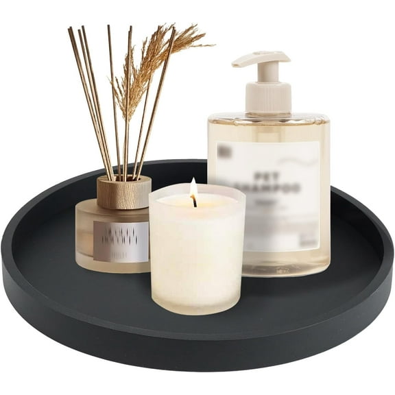 ‎TACYKIBD 9.1 Inch Silicone Bathroom Tray, LIOUCBD Decorative Soap Holder, Kitchen Countertop Organizer, Round Vanity Tray for Candle Perfume Plant Jewelry Key Lotion Bottles (Black)