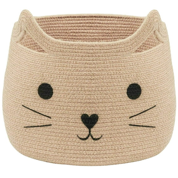 TACYKIBD Animal Baskets Large Woven Cotton Rope Storage Basket with Cute Cat Design Animal Laundry Basket Organizer for Towels, Blanket, Toys, Clothes, Gifts – Pet or Baby Gift Baskets 15"Lx14H"