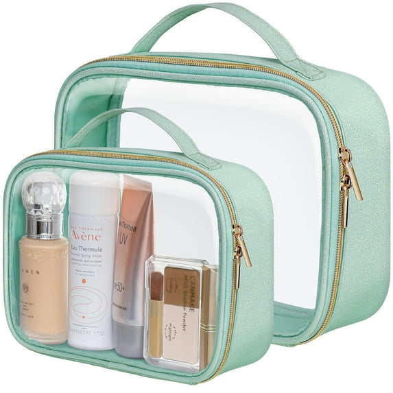 TACYKIBD Approved Toiletry Bag - Glitter Textured Clear Makeup Bag, Personalized and Fashion, with 180° Large Opening and Supporting Frame, Perfect for Travel Essentials, Thick No Smell, Green