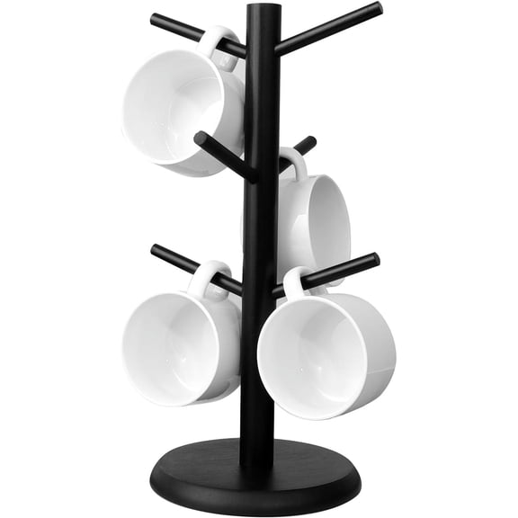 TACYKIBD Coffee Mug Holder, Black Bamboo Mug Tree with Thicker Base, Coffee Cup Stand, Cup Holder for Counter, Coffee Mug Rack Organizer with 6 Hooks