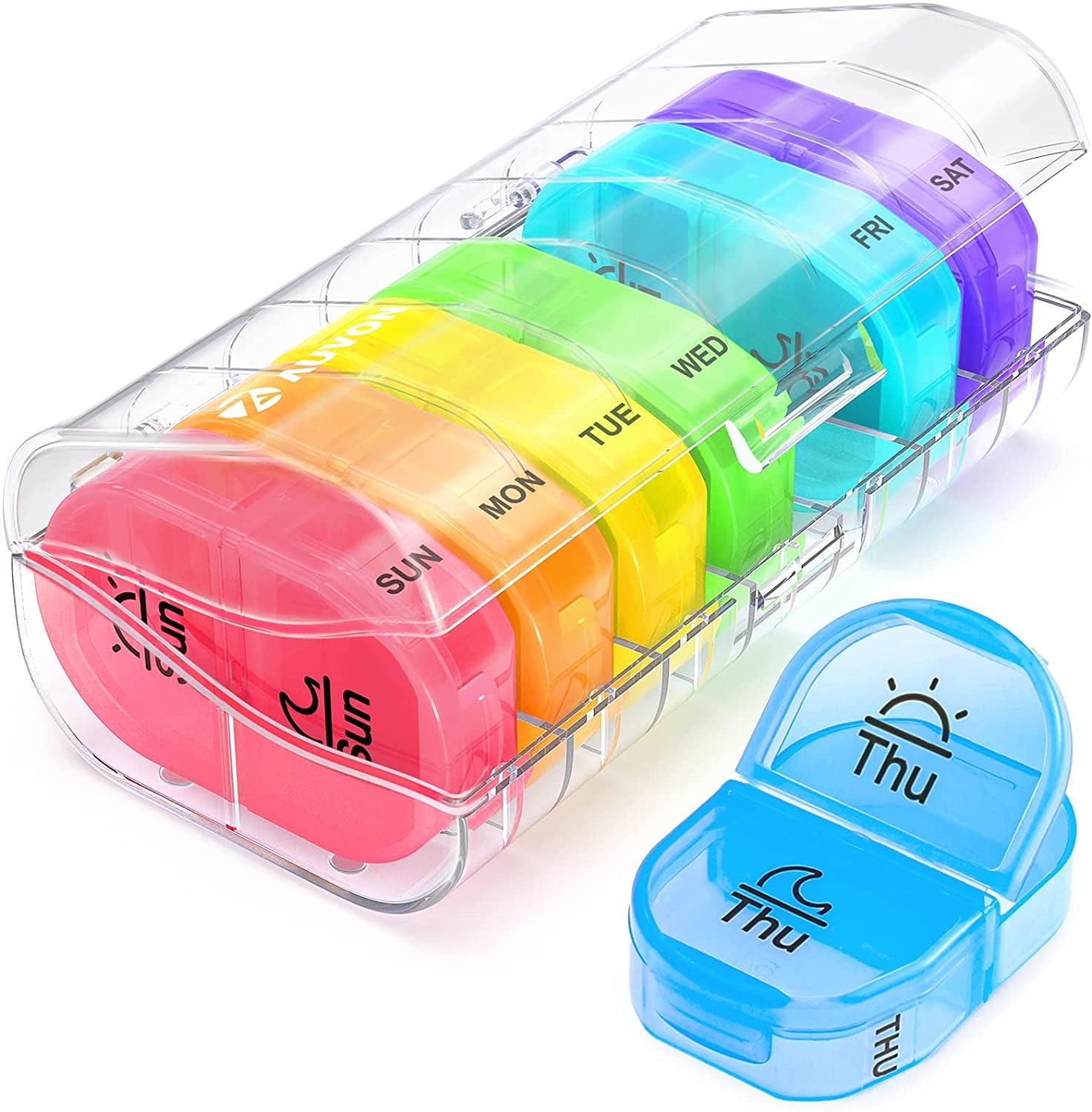 TACYKIBD Pill Box Organiser, Travel Pill Boxes 7 Day 2 Times A Day with 7 Colorful Attachable Tablet Organiser for Medicine, Medication, Vitamin, Supplement and Fish Oil