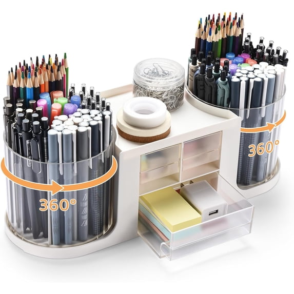 TACYKIBD Rotating Desk Organizer with 2 Pen Holder, Desk Organizers and Accessories with 10 Slots Pencil Holder for Desk + 3 Drawer, Art Supply Storage Box Caddy for Office Home