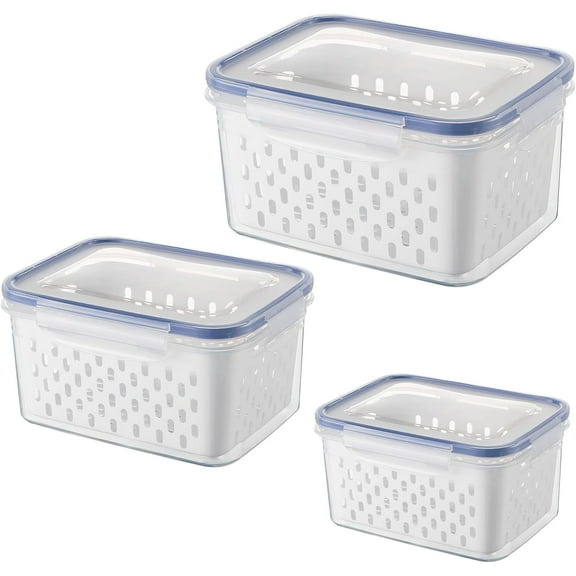 TACYKIBD Set of 3 Storage Boxes, Food Storage Containers for Fridge Food Storage Containers Fruit Vegetables with Lid and Strainer Double Fridge Organiser Storage Containers Set (Light Blue)