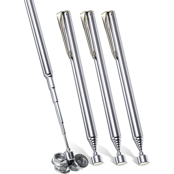 TACYKIBD Telescoping Magnetic Grabbers Magnetic Pick-Up Tool with Pocket Clip Telescopic Retrieving Magnet for Screws Nuts Pins, 25 Inch (Silver,4 Pieces)