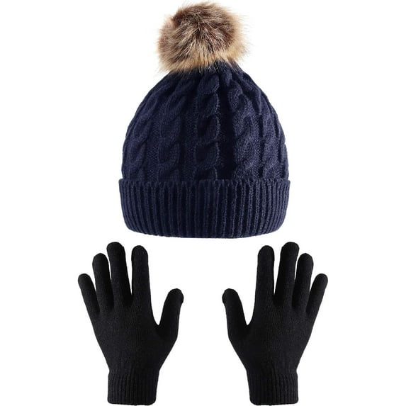 TACYKIBD Women Winter Knitted Beanie Hat Glove Set Faux Fur Pom Slouchy Hat and Full Finger Knitted Gloves