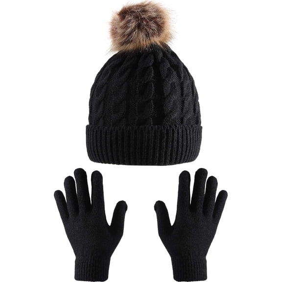 ‎TACYKIBD Women Winter Knitted Beanie Hat Glove Set Faux Fur Pom Slouchy Hat and Full Finger Knitted Gloves