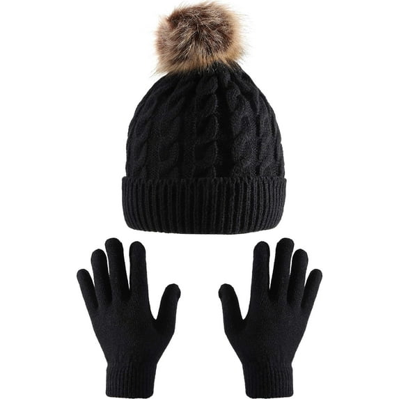 TACYKIBD Women Winter Knitted Beanie Hat Glove Set Faux Fur Pom Slouchy Hat and Full Finger Knitted Gloves