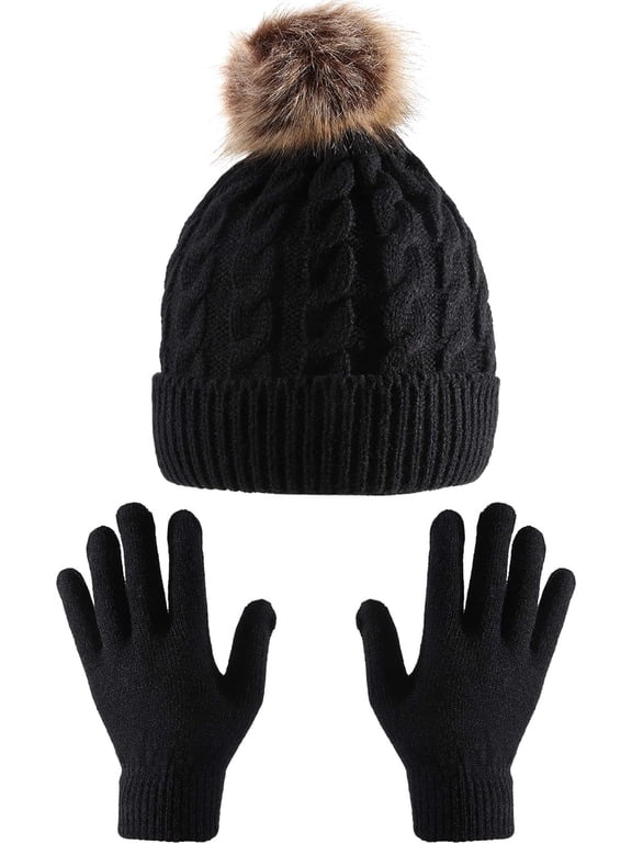 TACYKIBD Women Winter Knitted Beanie Hat Glove Set Faux Fur Pom Slouchy Hat and Full Finger Knitted Gloves