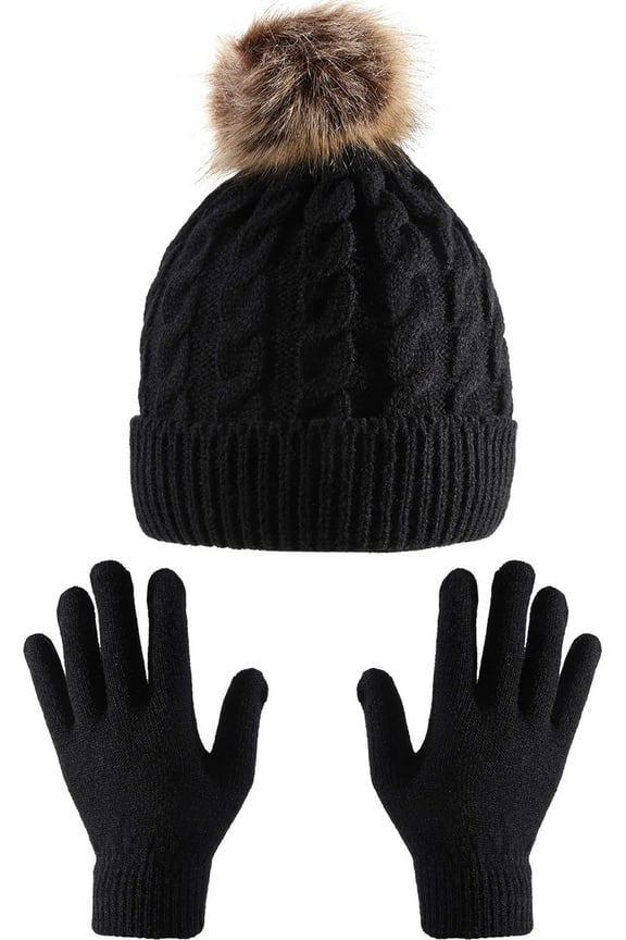 TACYKIBD Women Winter Knitted Beanie Hat Glove Set Faux Fur Pom Slouchy Hat and Full Finger Knitted Gloves