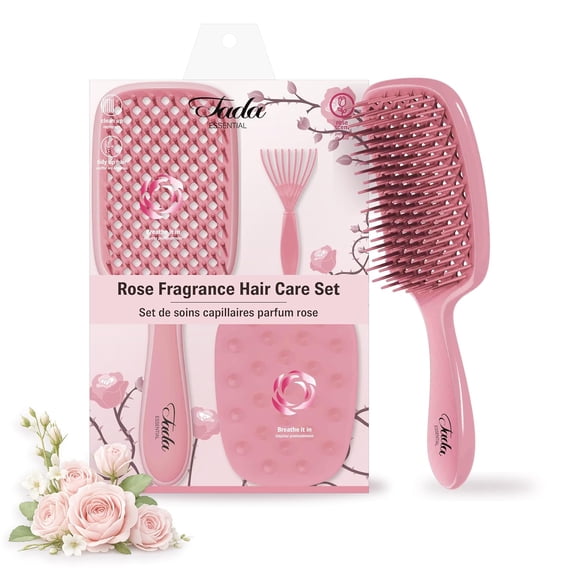 TADA Essential - 3PCS Rose Scented Hair Care Tools Detangling Brush, Silicone Scalp Scrubber & Hairbrush Cleaning Tool, Wet & Dry Hair Detangler for Thick, Curly