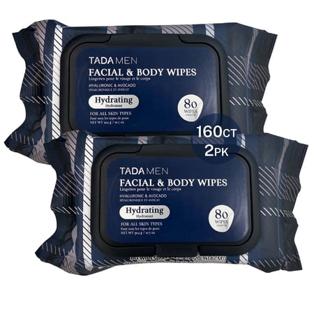TADA Men - 2PK Face Wipes for Men & Body Wipes for Adults No Rinse, Face Cleansing Wipes & Body Cleansing Wipes for Adults Bulk Gym, Running, &Outdoor Activities - Avocado & Hyaluronic