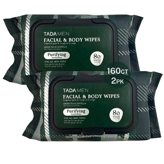 TADA Beauty Face & Body Cleansing Wipes for Men & Adults, No Rinse, Green Tea & Vitamin E, 2-Pack