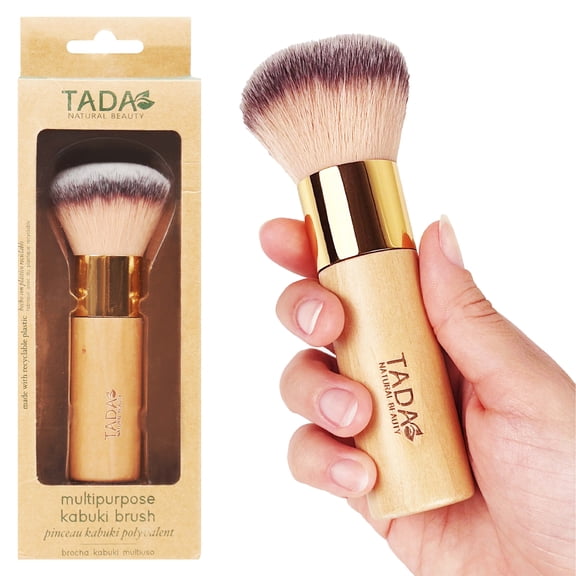 TADA Natural Beauty Kabuki Brush for Blush & Bronzer, Setting Powder, Makeup Blender With Wooden Handle, Travel Freindly, Perfect for On The Go & Makeup Pouch, Pore-Blurred Finish