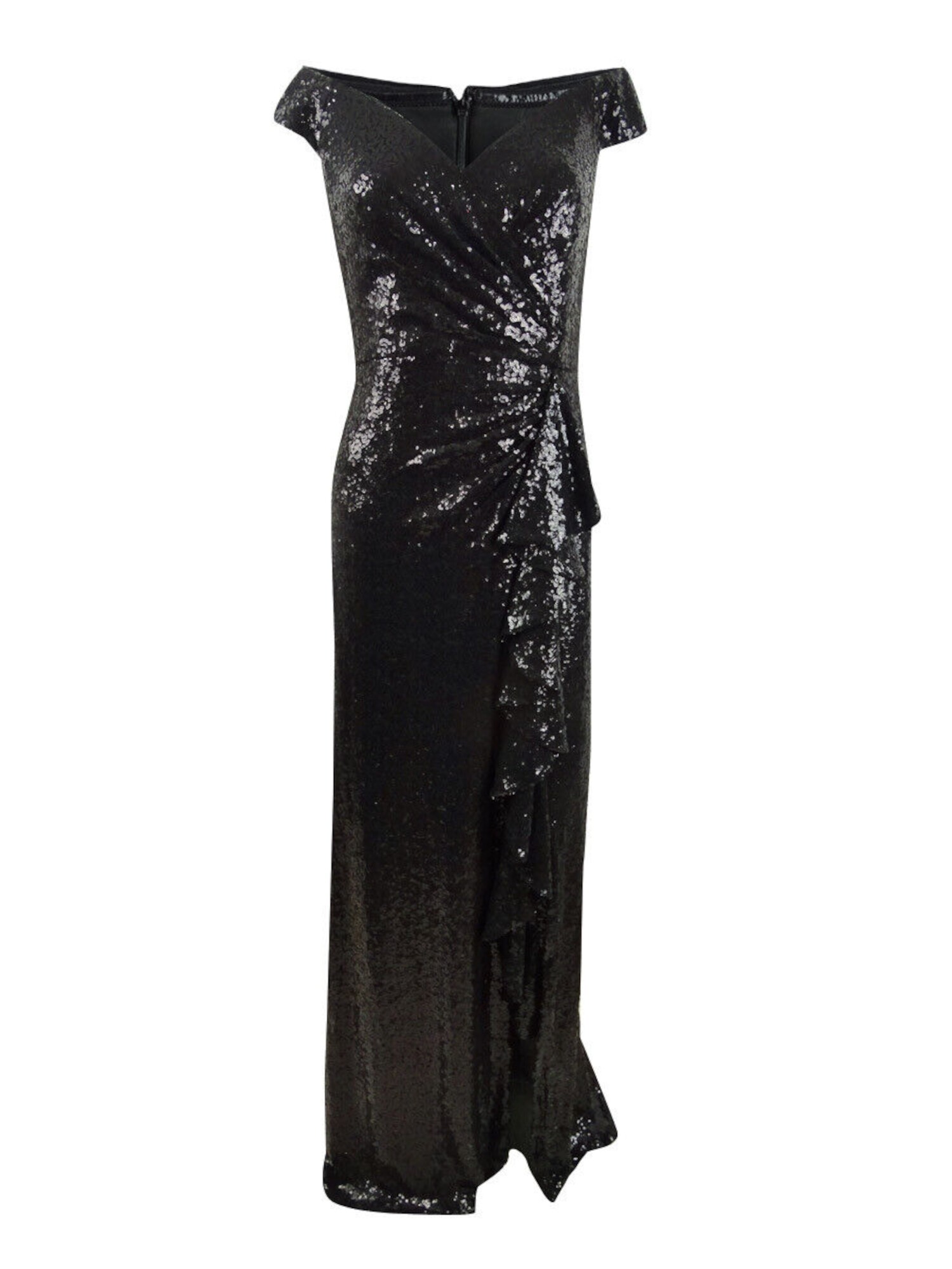 Tadashi Shoji Black Sequined Ruffled Off Shoulder Formal Full