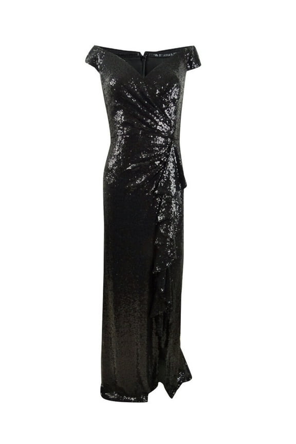 Womens Black Sequined Ruffled Zippered Short Sleeve Off Shoulder Full-Length Formal Fit + Flare Dress S