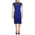thumbnail image 1 of TADASHI SHOJI Womens Blue Zippered Scalloped Floral Cap Sleeve Boat Neck Above The Knee Party Sheath Dress 4, 1 of 2