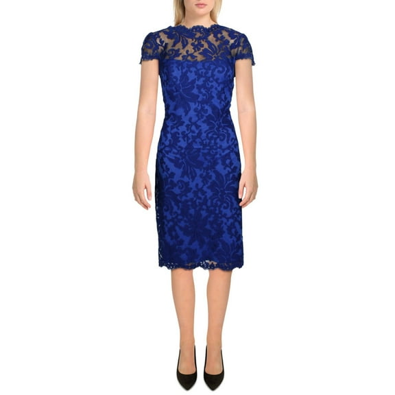 TADASHI SHOJI Womens Blue Zippered Scalloped Floral Cap Sleeve Boat Neck Above The Knee Party Sheath Dress 4