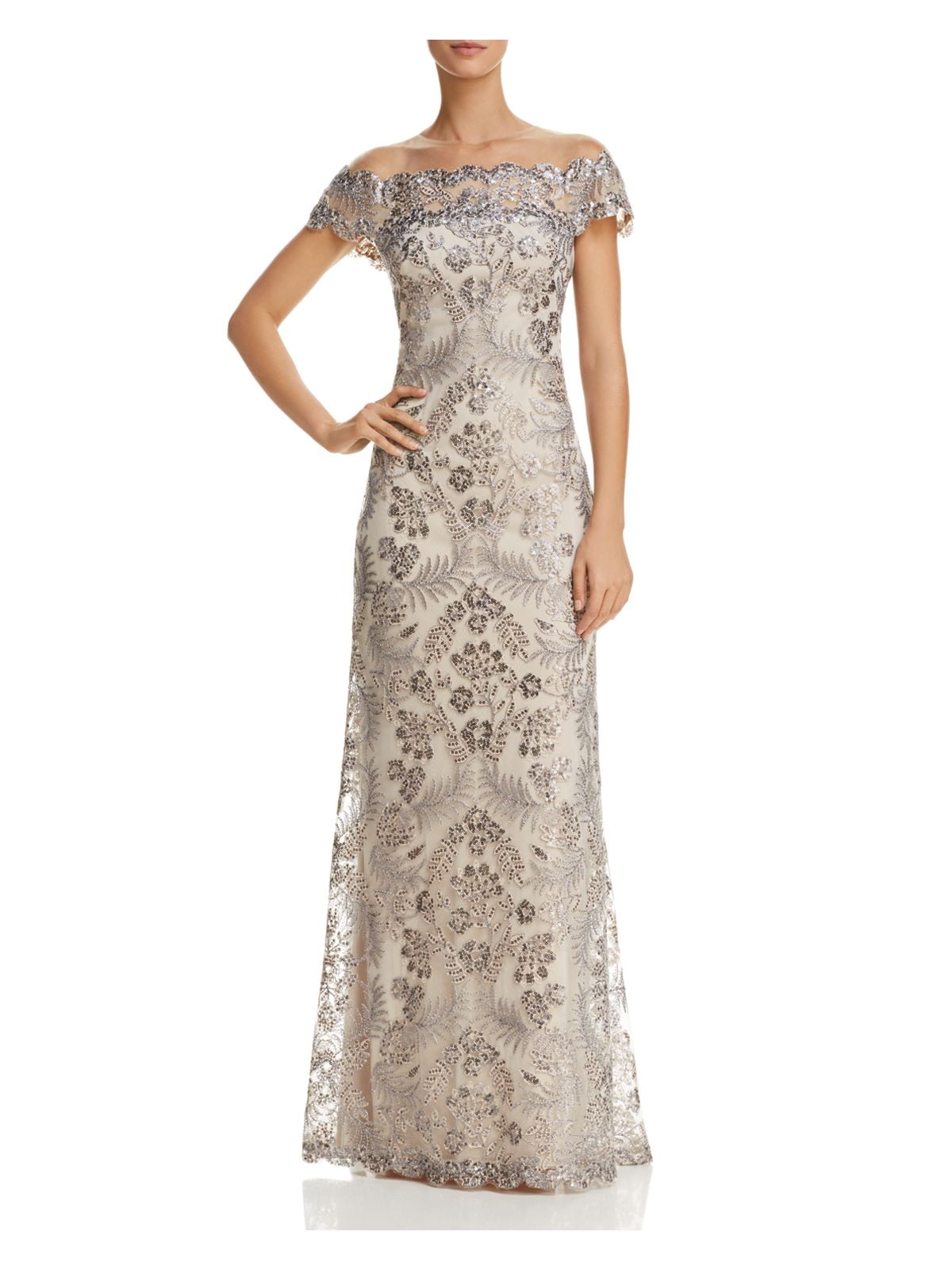 TADASHI SHOJI Womens Silver Sequined Zippered Embroidered Illusion Floral  Short Sleeve Off Shoulder Full-Length Formal Gown Dress 14 - Walmart  Business Supplies