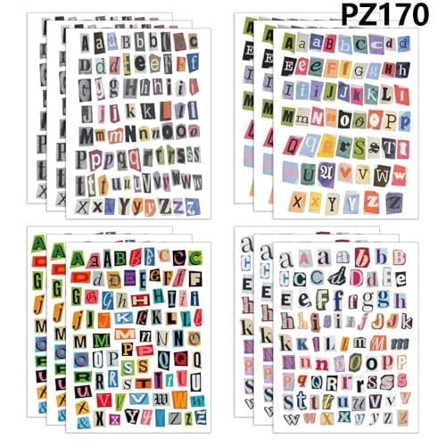 TAETOE 1056 Letter Stickers, 12 Sheets Alphabet Stickers, Vinyl Letters, Self Adhesive Stickers for Scrapbook, Graduation Cap, Water Bottle, Windows, 0.4-0.7 Inch Multicolor Stick on Letters
