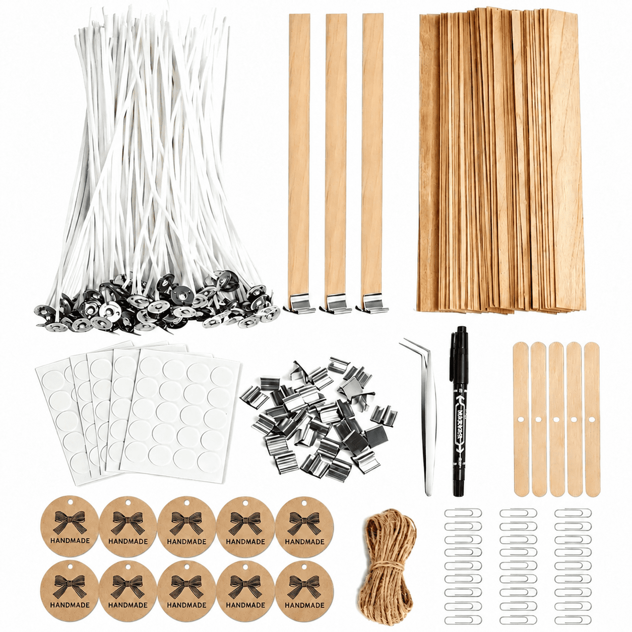 TAETOE 130 Pcs Candle Wicks for Candle Making Kit: 100 Cotton & 30 Wood Wicks with Complete Tool Set (Wick Stickers, Candle Tabs, Tweezers, Pen), for Soy Beeswax DIY Candles