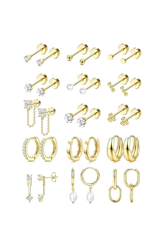 Flat Back Earrings for Women Hypoallergenic Surgical Steel Earrings for Sensitive Ears-20G Cartilage Earring Stacks 18K Gold Plated Hoops Flatback Stud Earring Sets for Multiple Piercing-15pcs