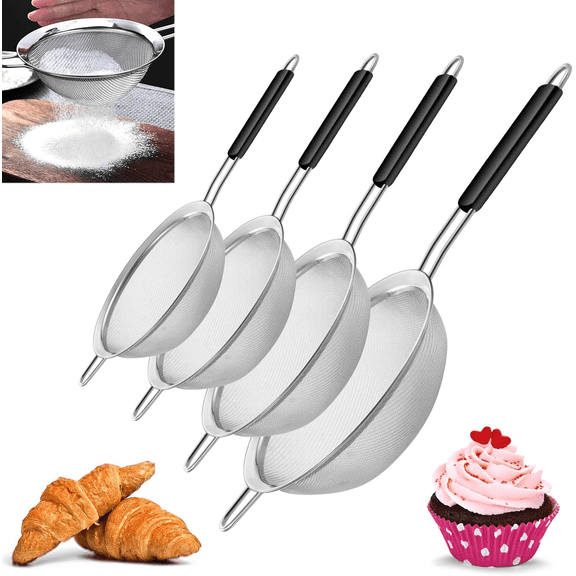 TAETOE Stainless Steel Fine Mesh Strainers, Set of 4 Sizes Strainer for Kitchen, Wire Sieve with Insulated Handle Kitchen Strainer, Baking Tools Colander, Food Preparation, Flour Sifter, Rice,