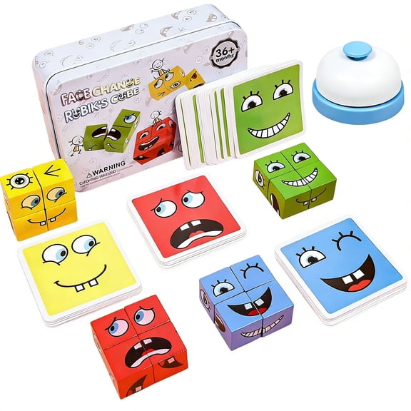 TAETOE Wooden Face Changing Magic Cube Game, Expression Puzzle Building Blocks Pattern Matching Game, Educational Puzzles Toy Board Games for Kids and Adults with Bell